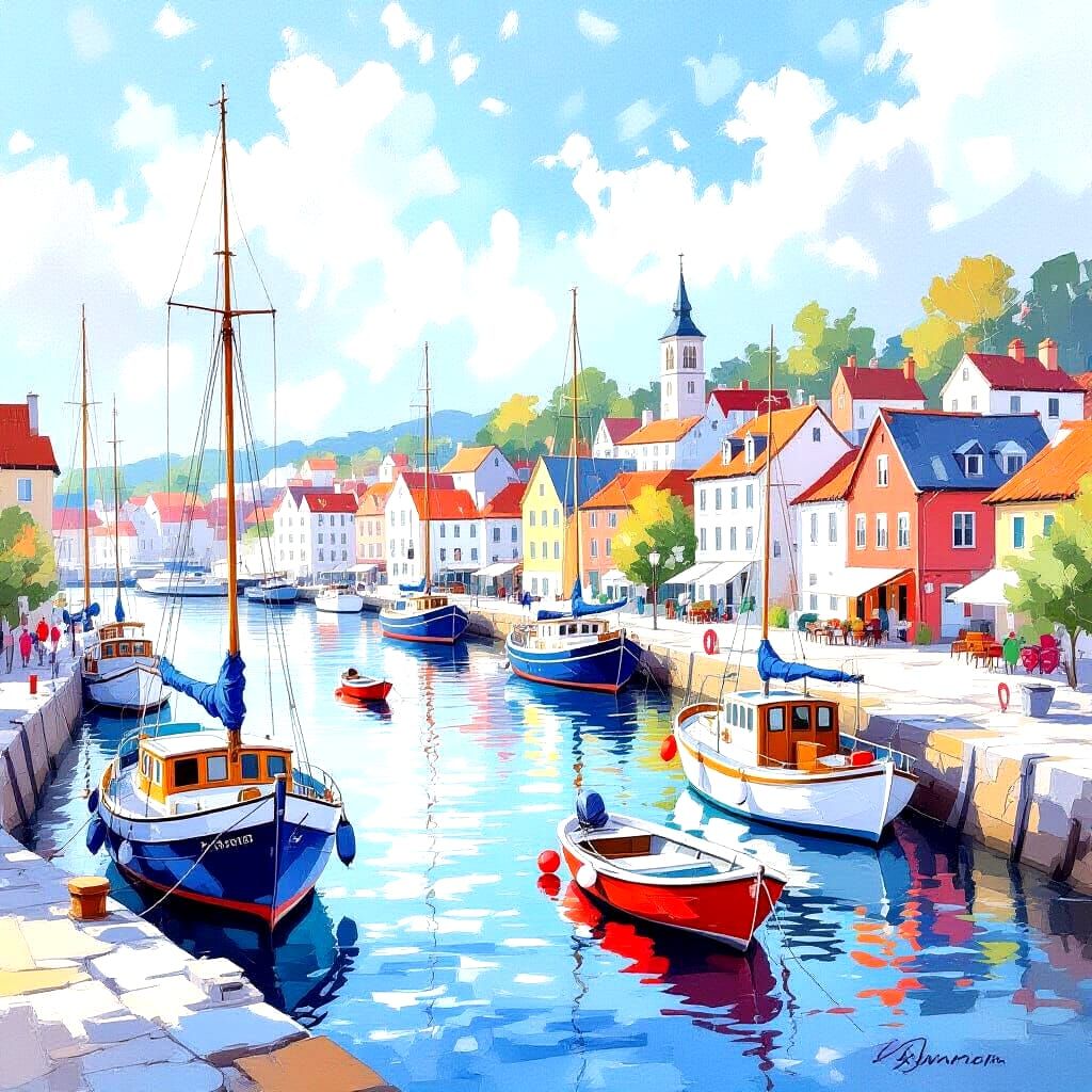 Coastal Harbor Village in Watercolor Style