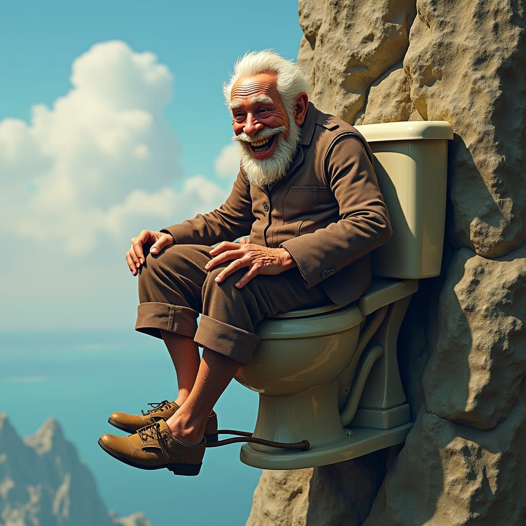 Jovial Man's Cliffside Toilet: Detailed Digital Matte Painti...