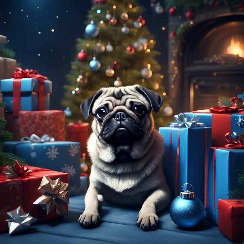 Festive Christmas Pug in Detailed Matte Painting