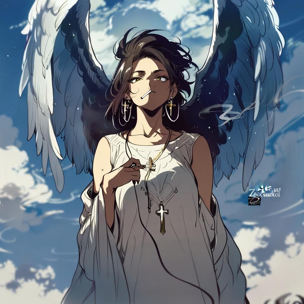 An angel smoking a cigarette