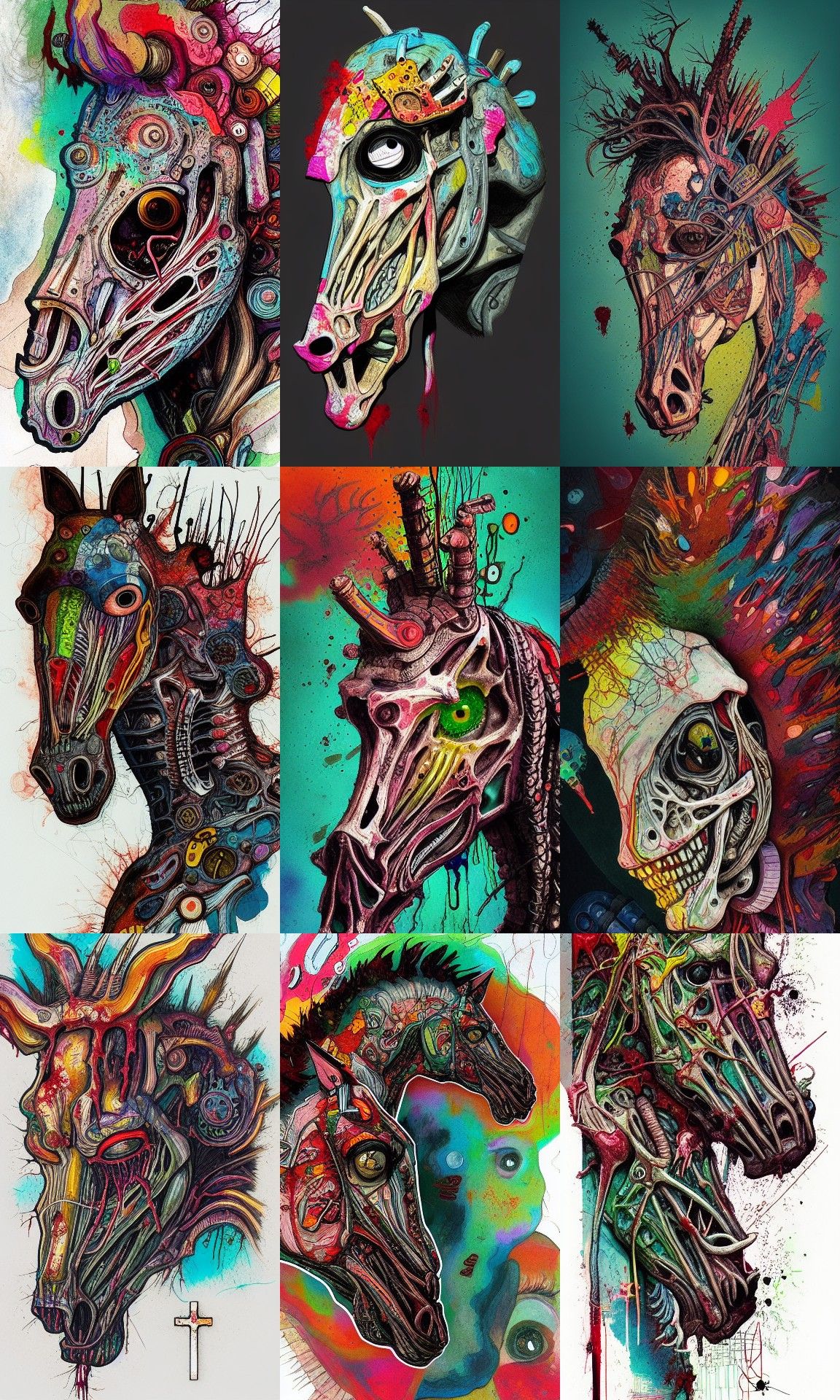 Zombiecore Horse Head Cross-Section in Mixed Media