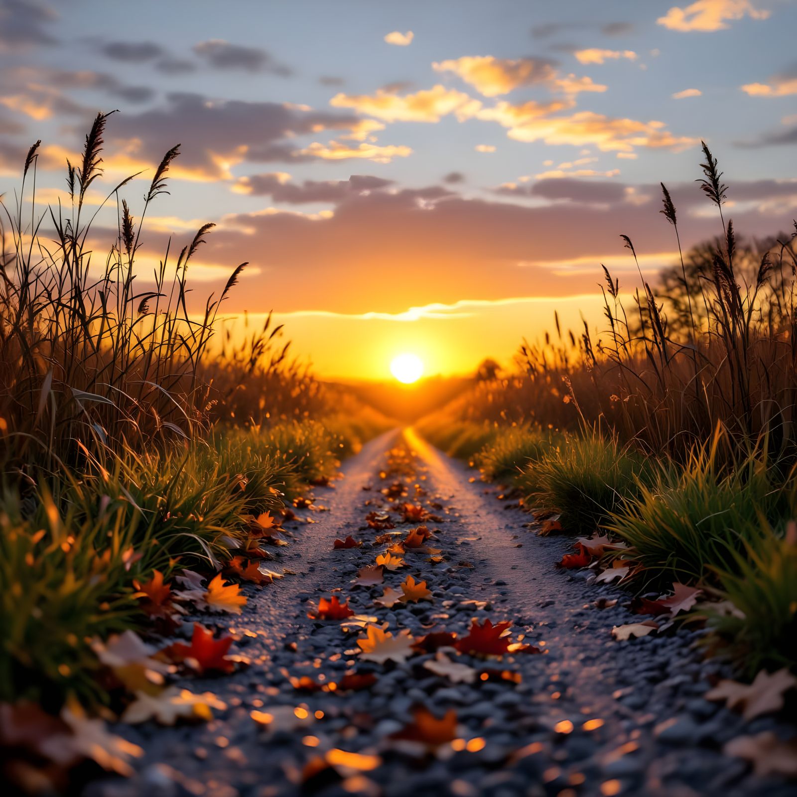 Serene Country Road at Sunset with Autumn Leaves