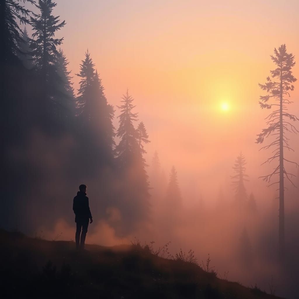 Misty Forest Sunrise: Romantic Landscape Painting