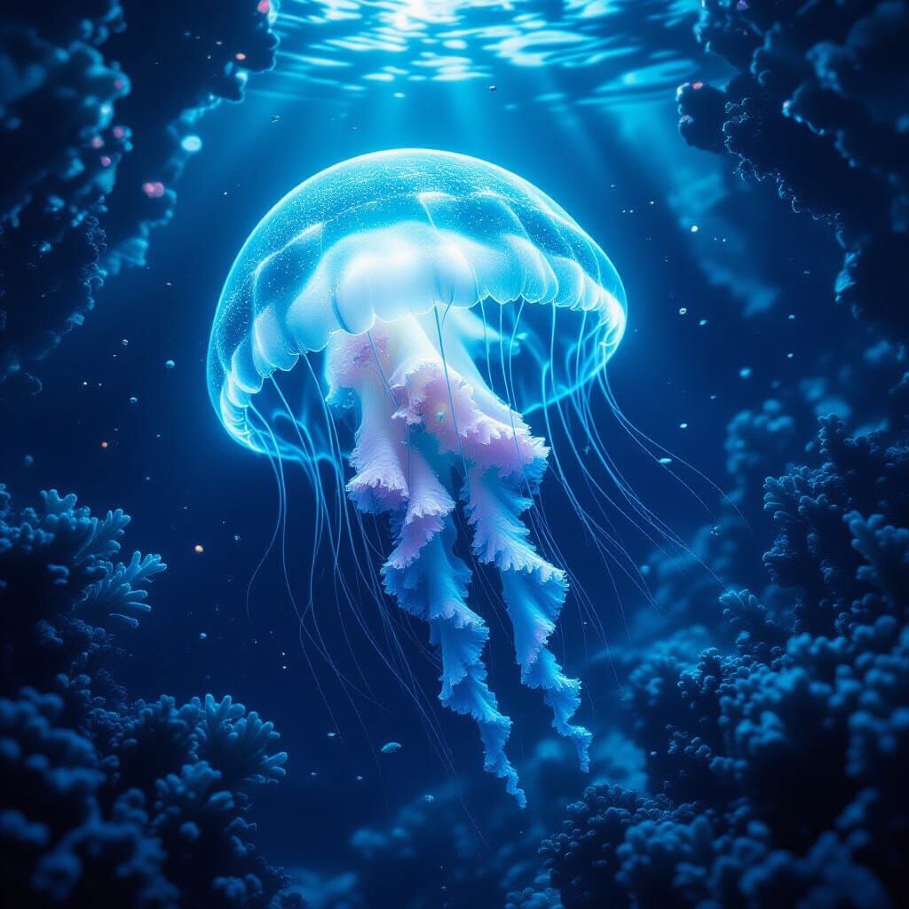 Bioluminescent Jellyfish in Alien Ocean with Crystalline Cor...