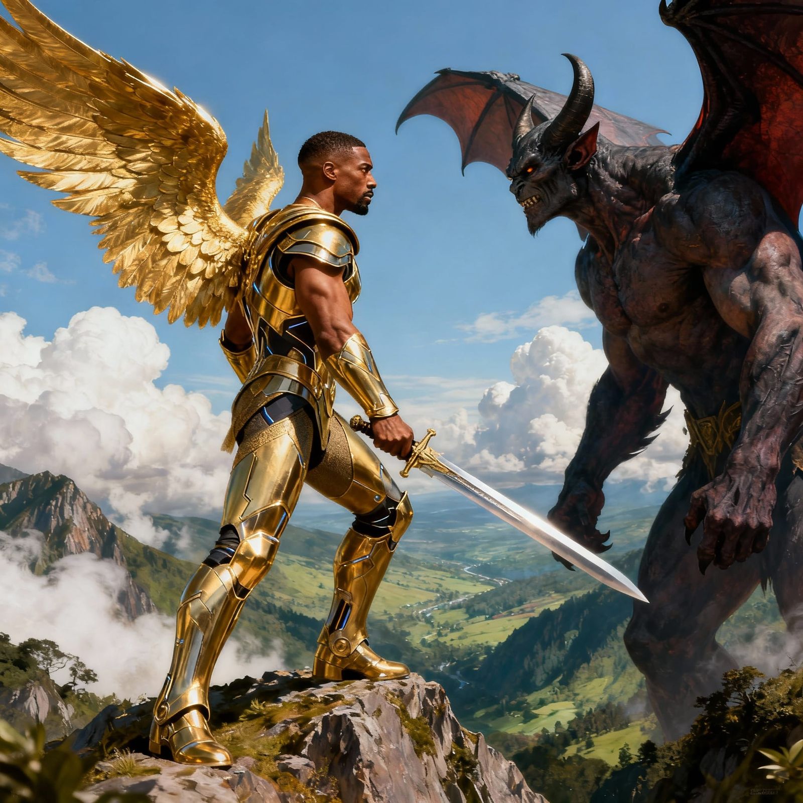 African God Battles Demon on Mountain Top in Vivid Oil Paint...