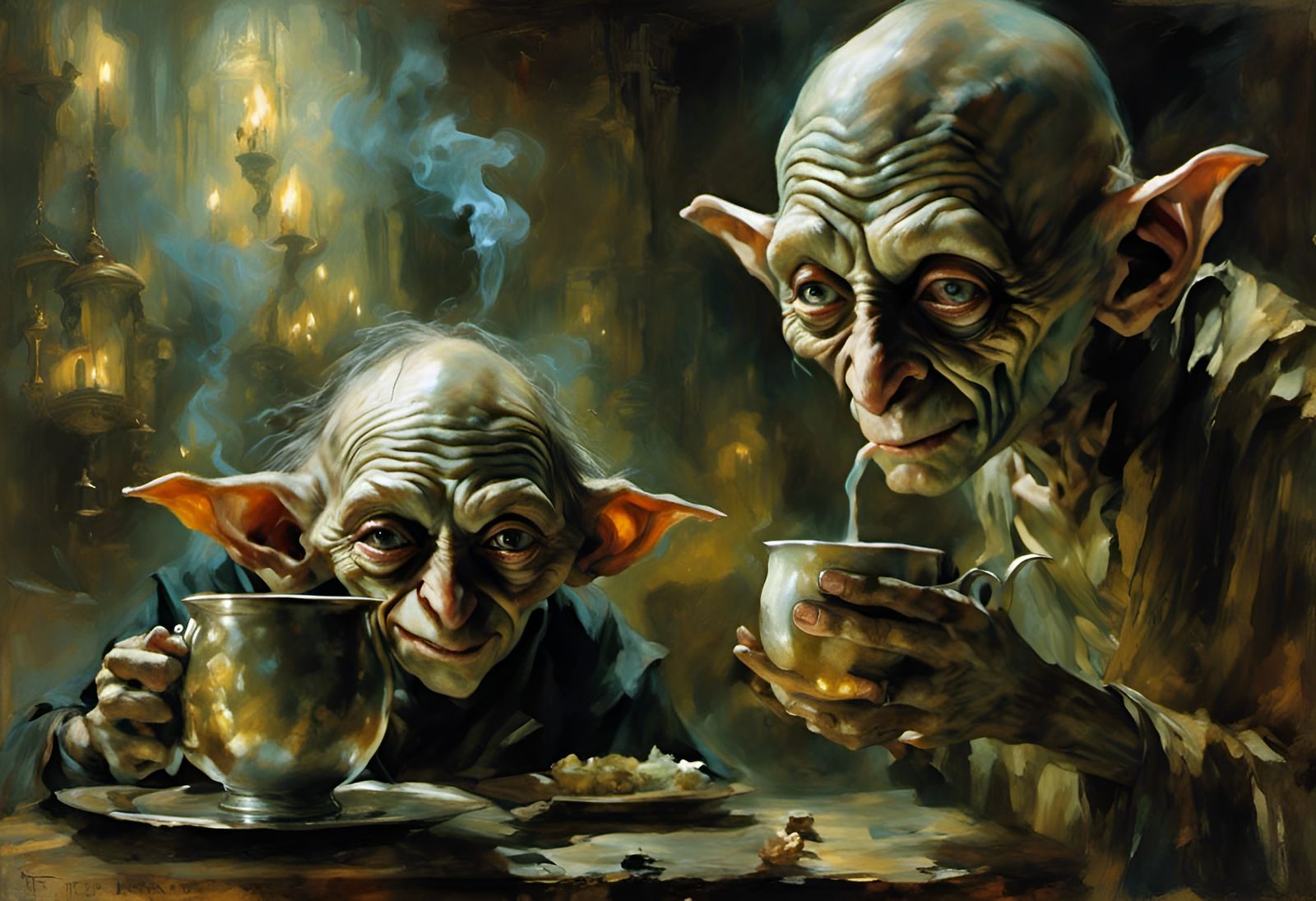 Gollum Drinking Tea with Dobby