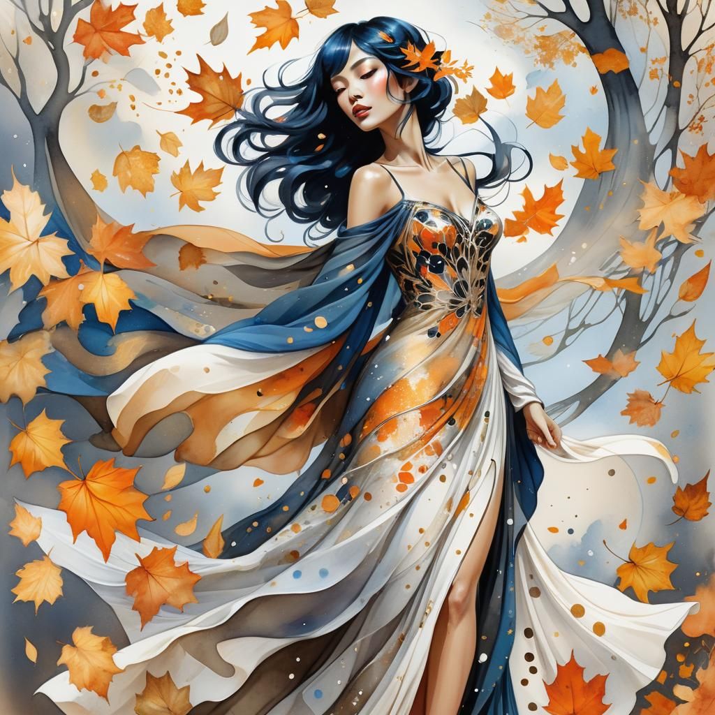 Ethereal Autumn Woman with Leaf Wings, Art Nouveau Style