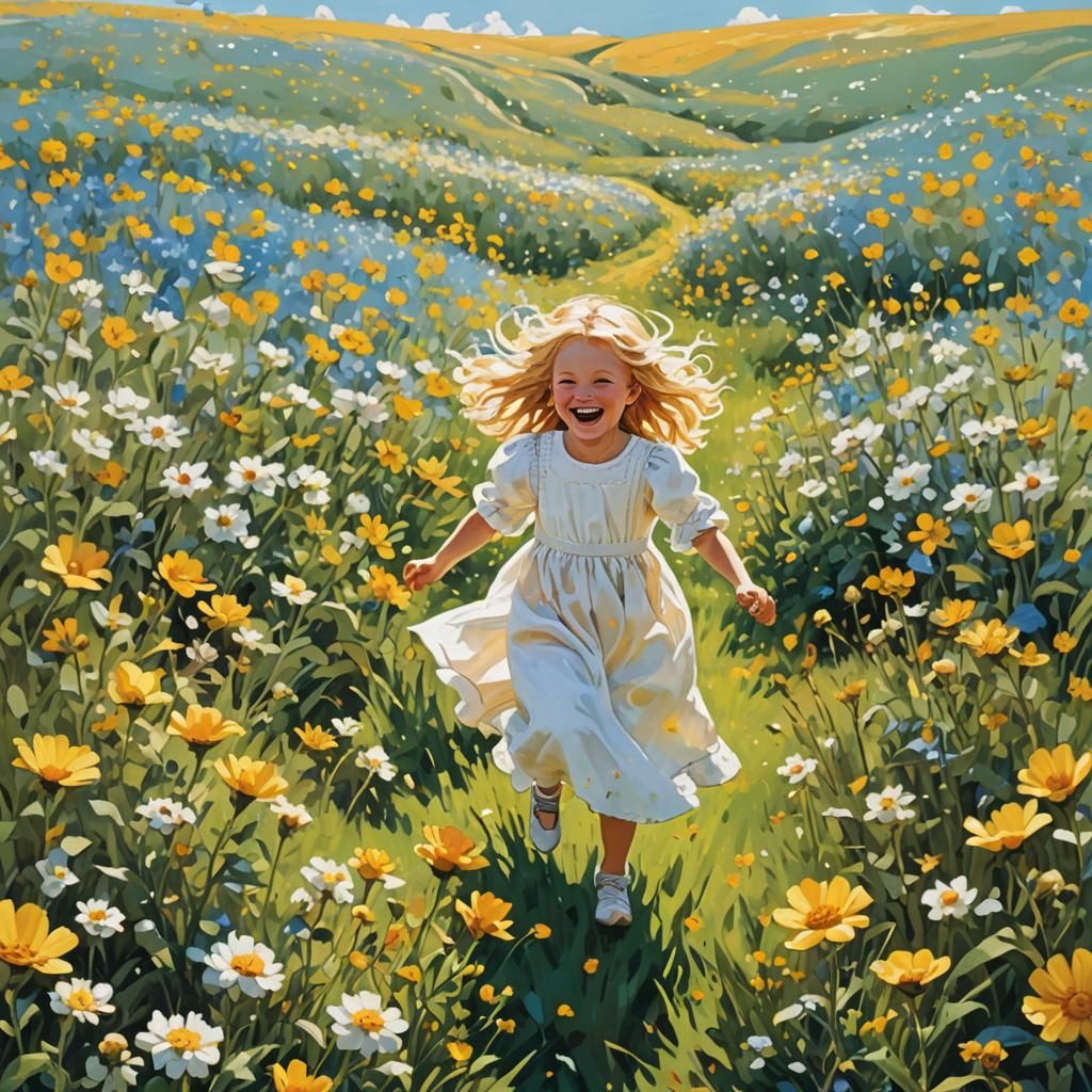 Child and Dog in Sunlit Flower Field