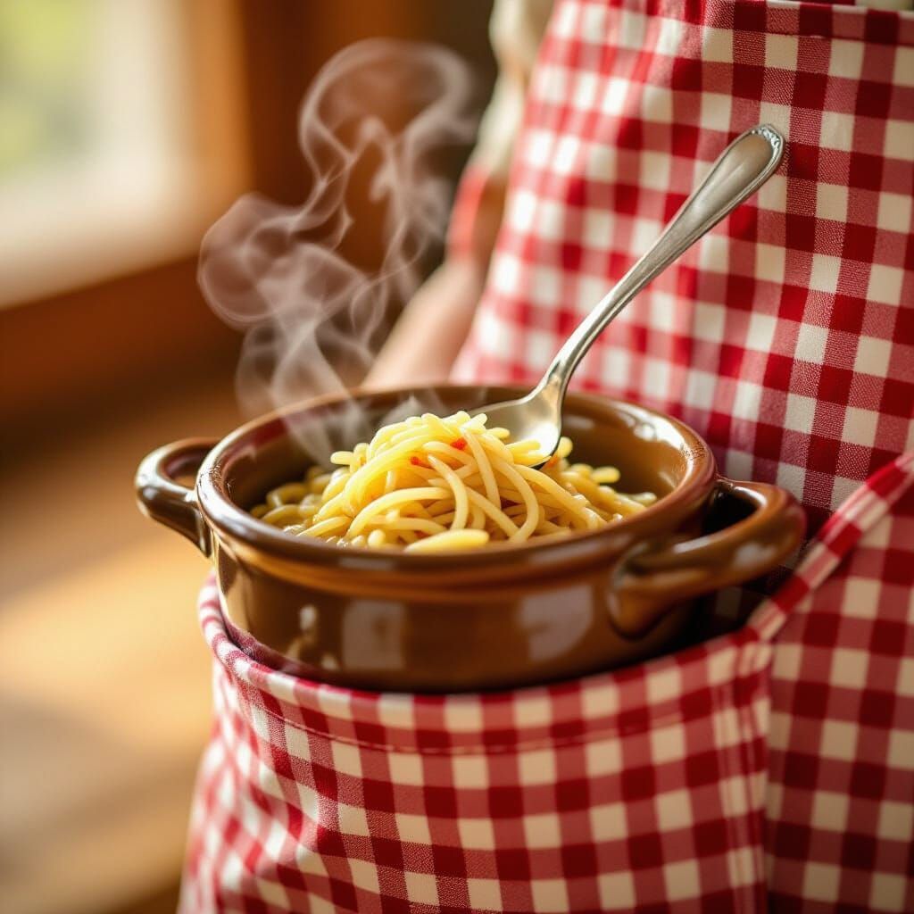 Macro Shot of Noodles Stirred by Tiny Spoon in Apron Pocket