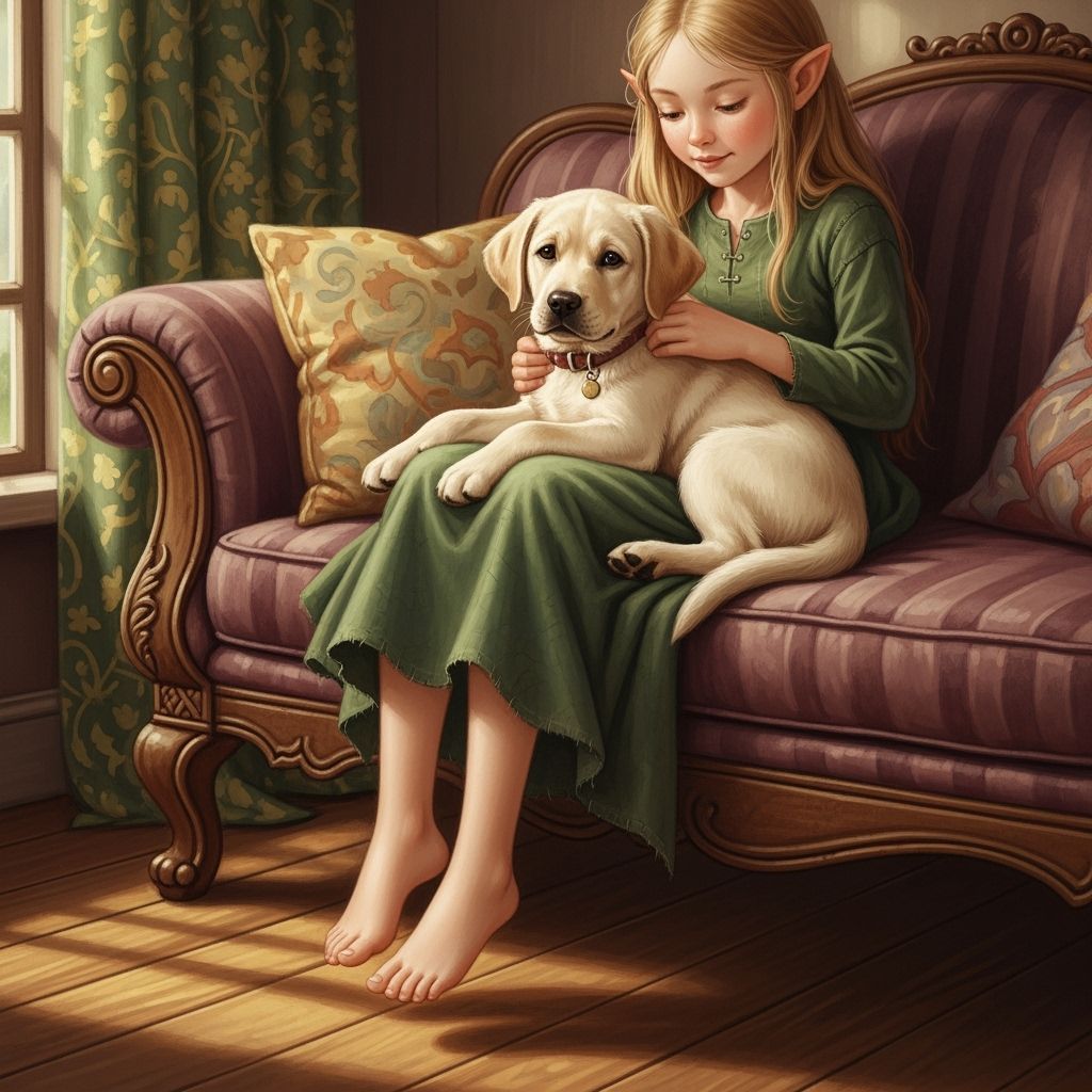Labrador retriever puppy sitting in his girl's lap