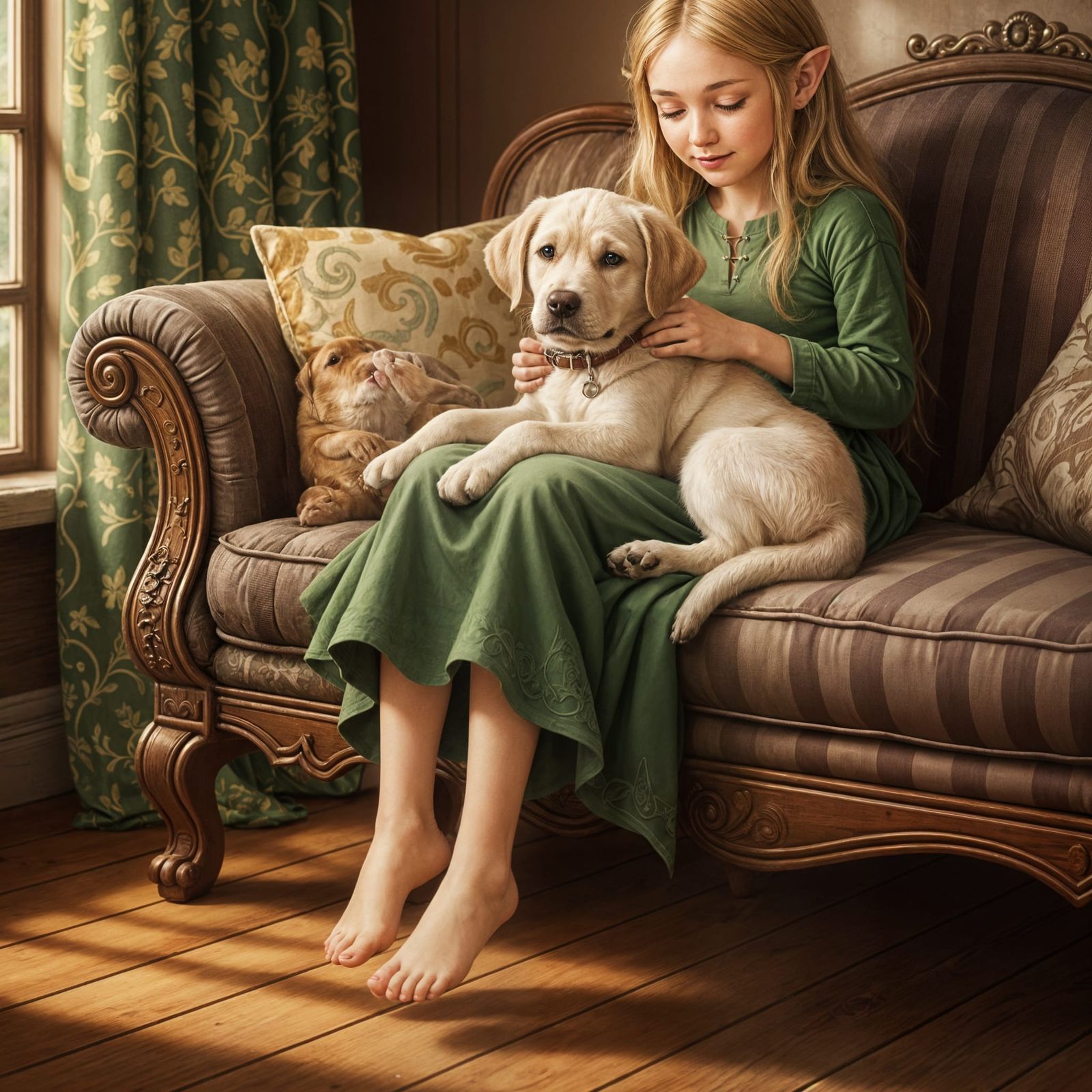 Labrador retriever puppy sitting in his girl's lap