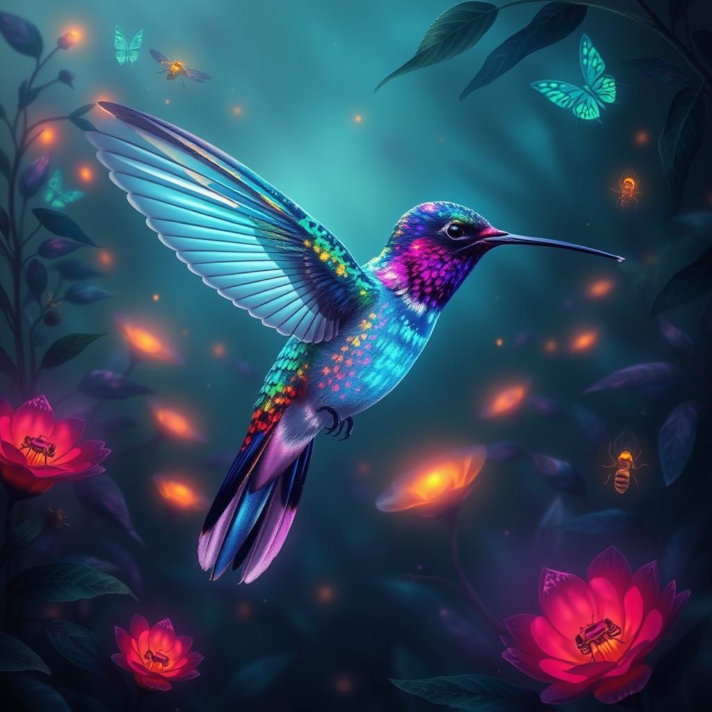 Bioluminescent Hummingbird in a Lush Glowing Garden