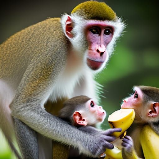 Mother and Baby Monkey Eating Bananas