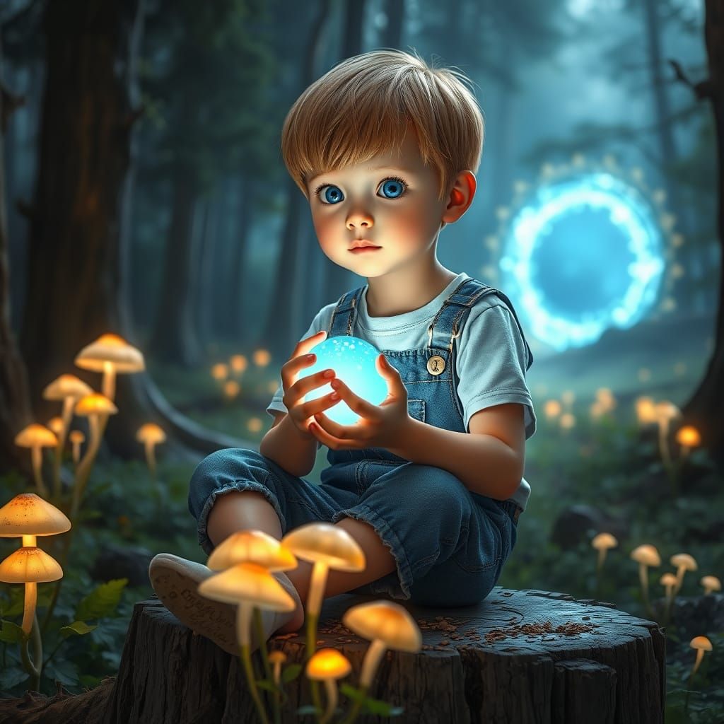A Young Boy Contemplates a Glowing Orb in a Mystical Forest