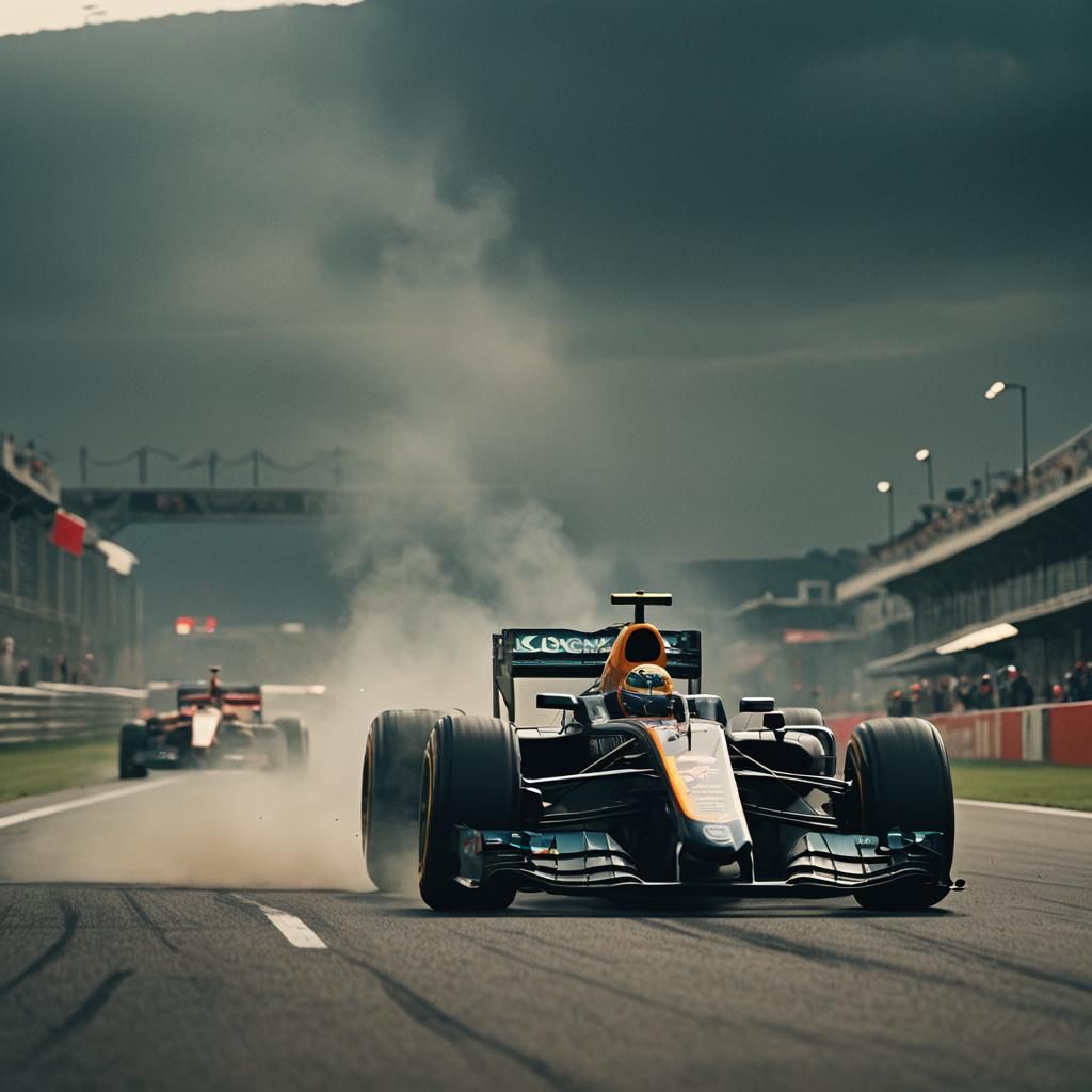 Dramatic Formula 1 Racing: Cinematic Film Still