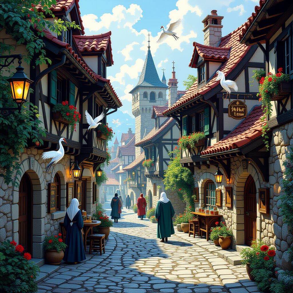 Medieval Town Street with Mysterious Figure in Silk Tapestry...