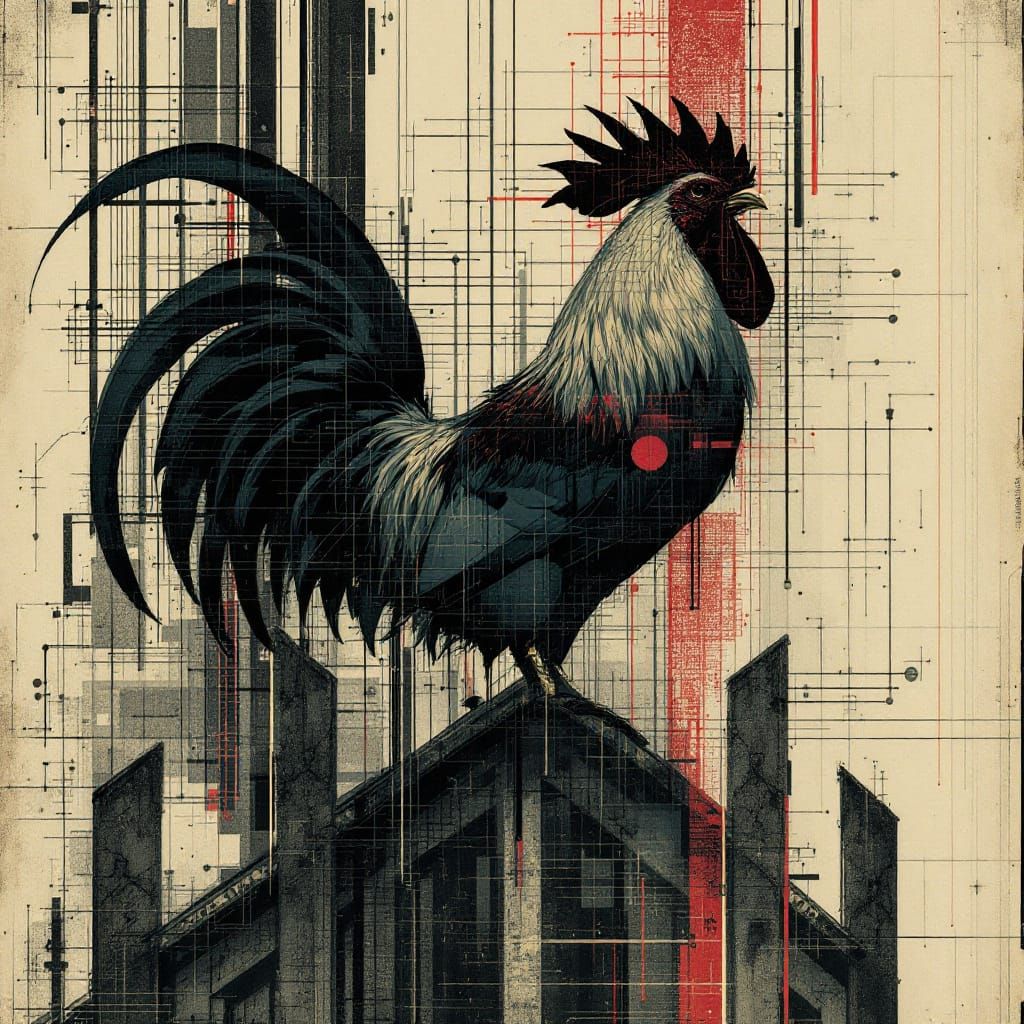 Dürer-Inspired Glitch Art Rooster in Industrial Setting