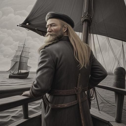 Blond Sea Captain on Ship in Charcoal Style