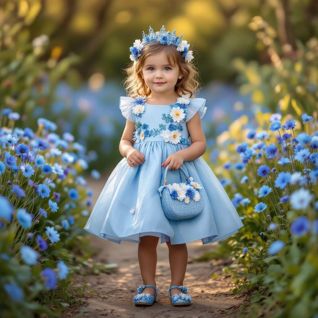 Photorealistic Blue Girl in Floral Backyard