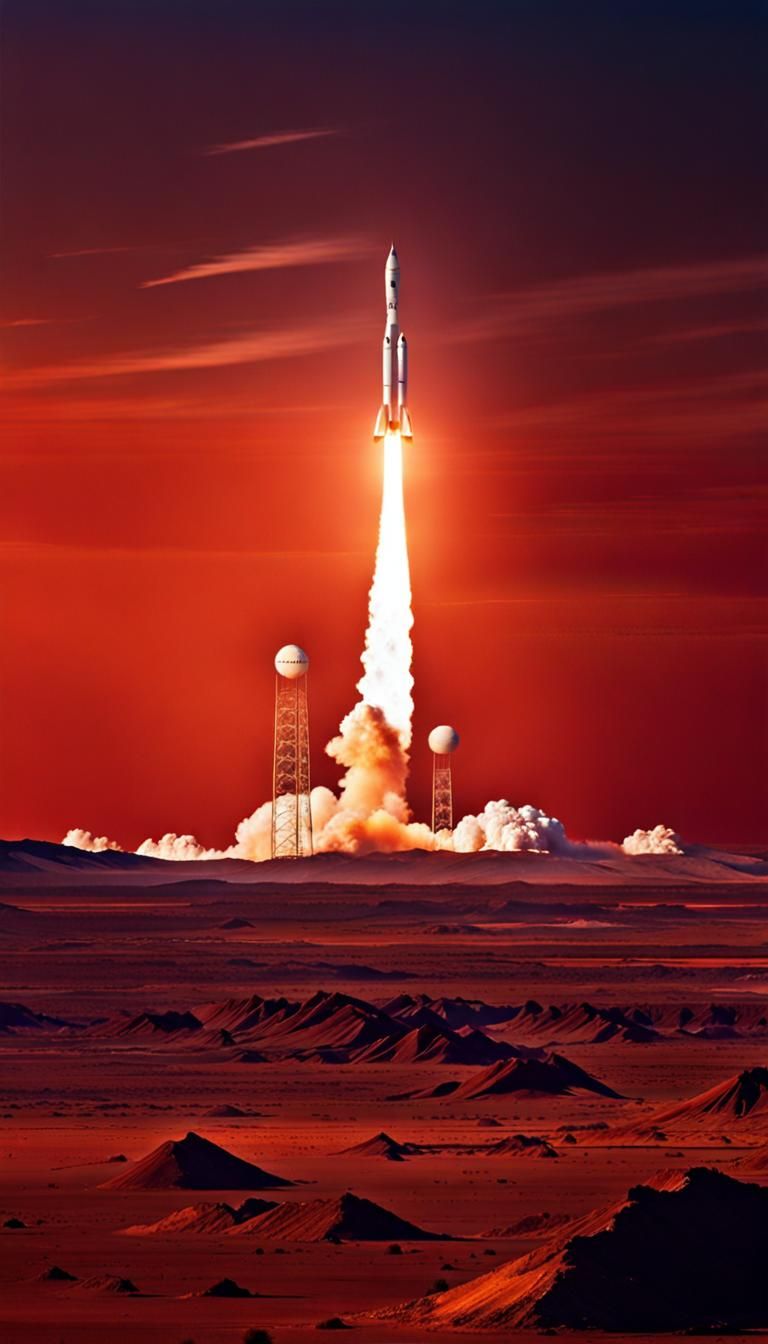 Rocket Launch to Mars at Sunset