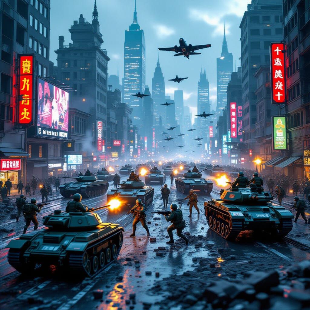 Futuristic Toy Soldier Battle in Dystopian Cityscape