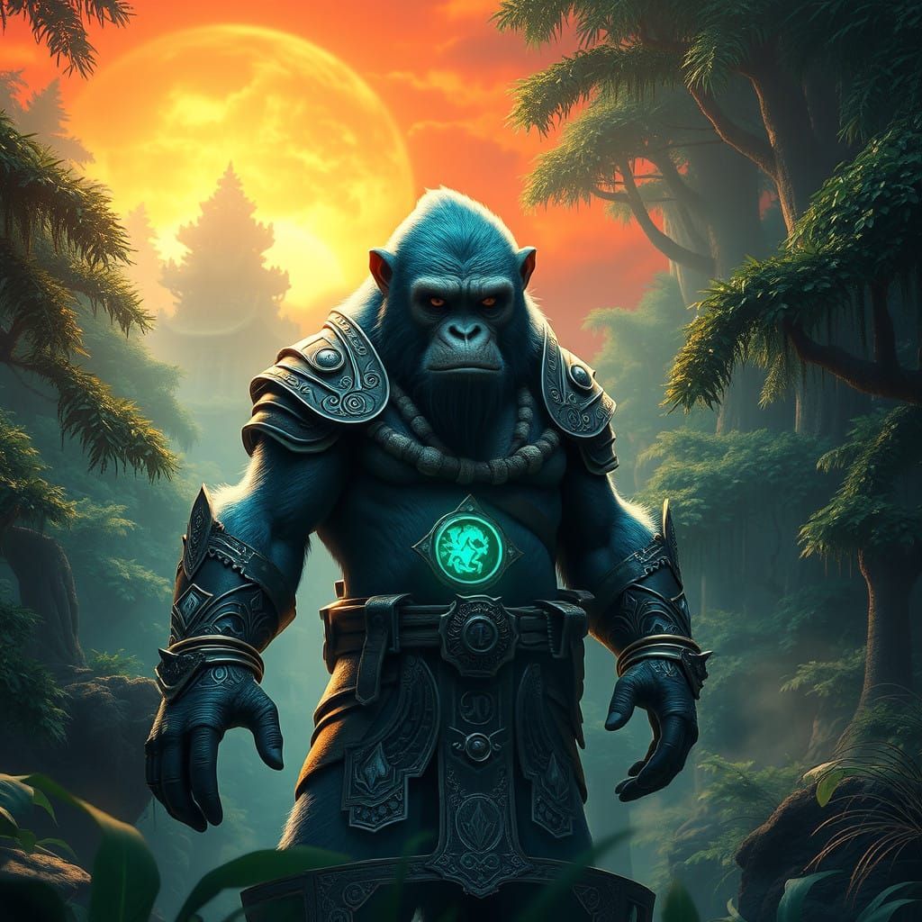 Ethereal Ape Warrior in Ancient Fantasy Realm
