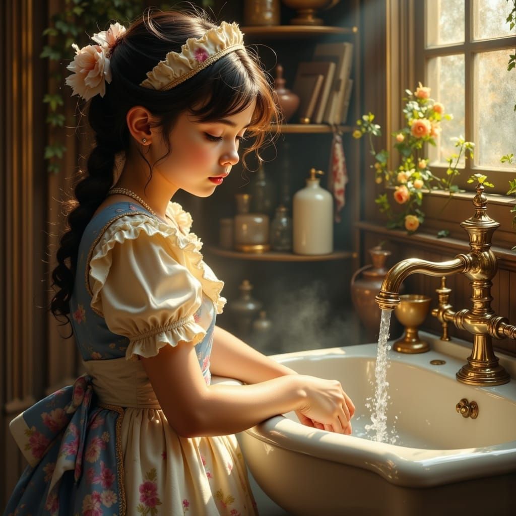 Girl Washing Face in Beatrix Potter Style