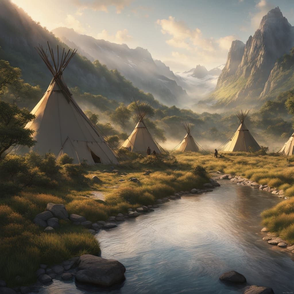 Native American Camp in Valley: Hyperrealistic Digital Art