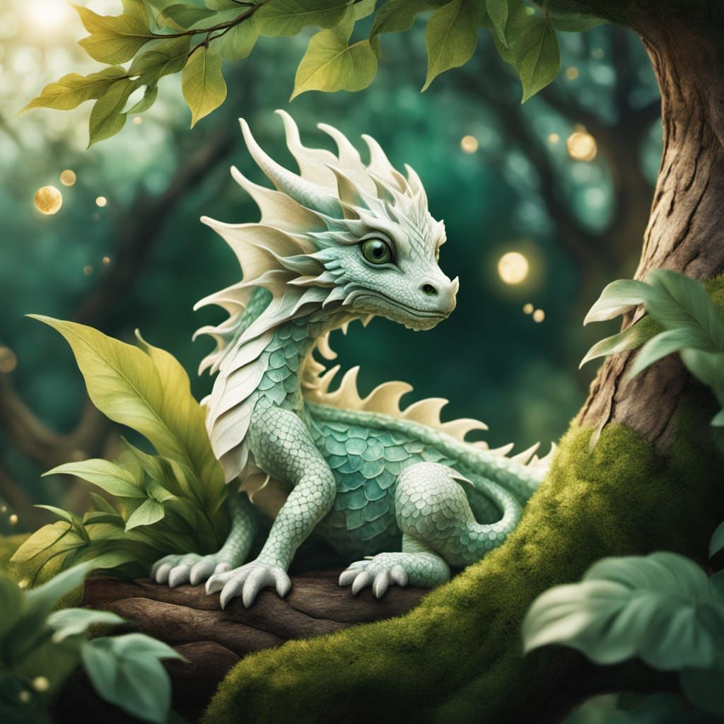 Whimsical Baby Dragon Under the Tree of Life