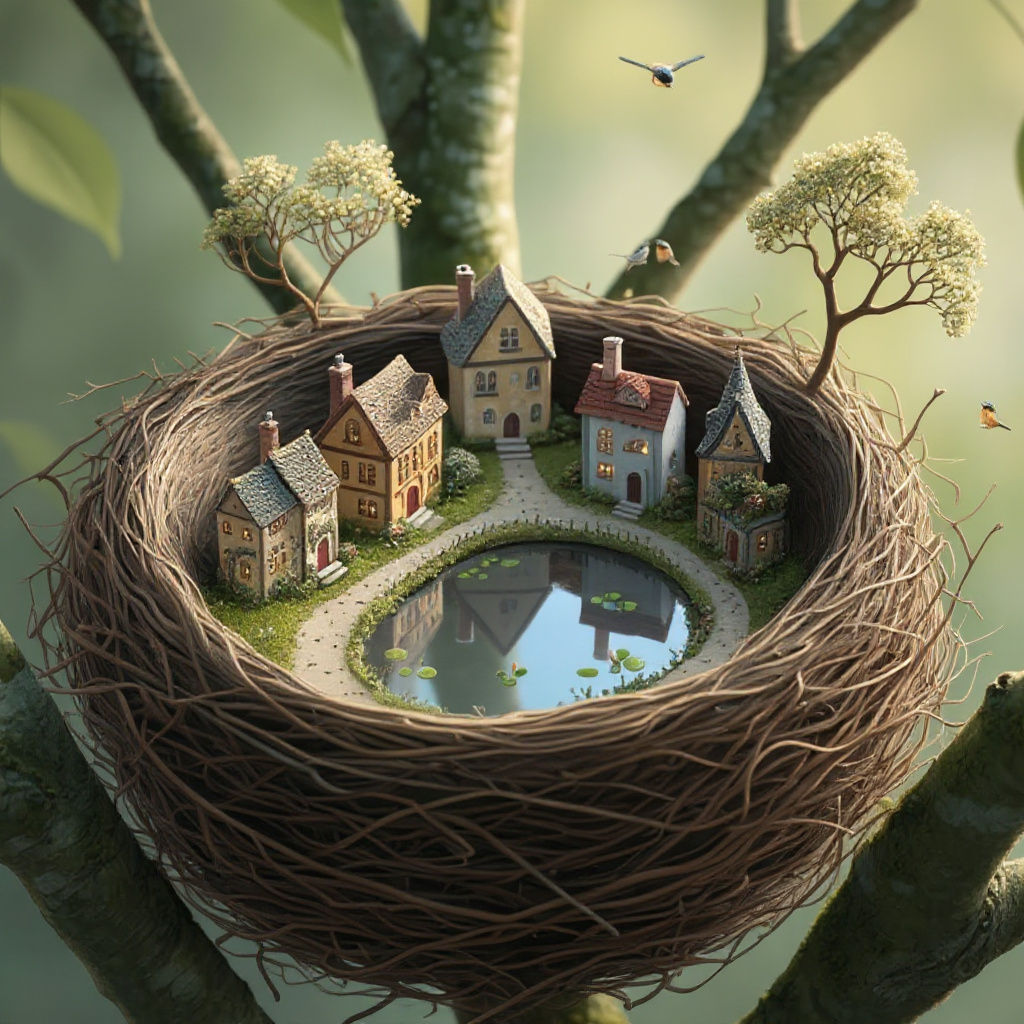 Miniature City in Bird's Nest Watercolor Painting