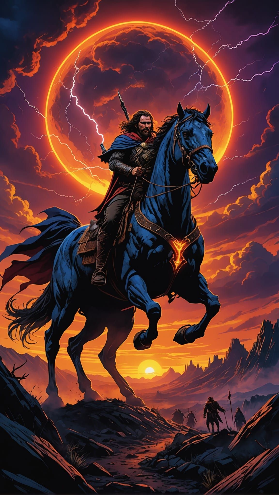 Epic Sunset with Ominous Cloud, Comic Book Style