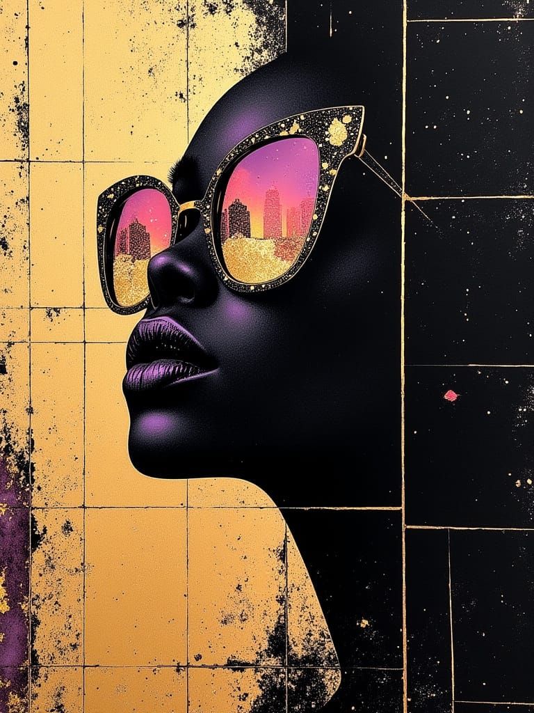 Purple and Gold Portrait with Geometric Metallic Accents