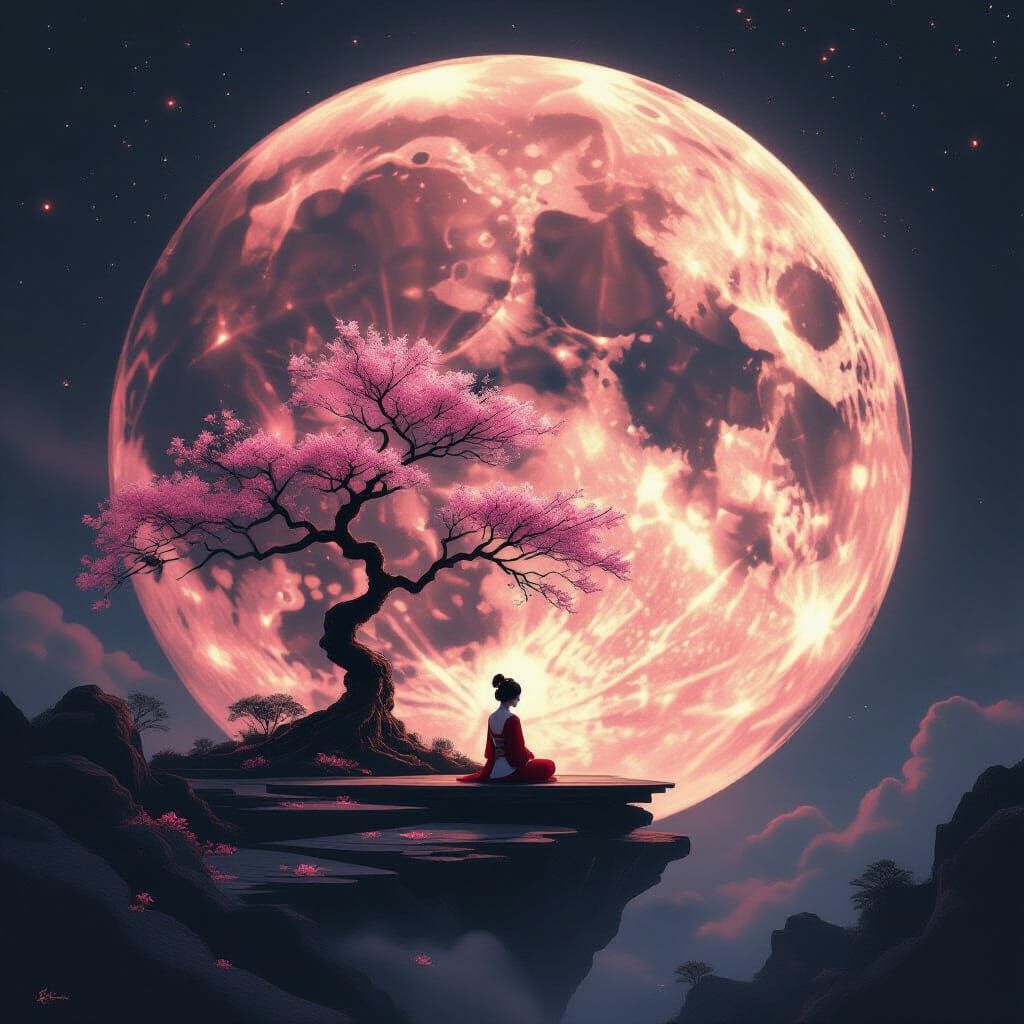 Surreal Moonscape with Geisha and Luminous Tree
