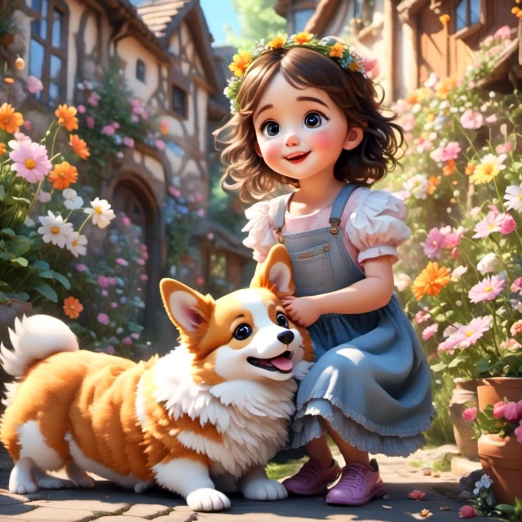 Girl and Corgi Puppy in Backyard: Watercolor Art