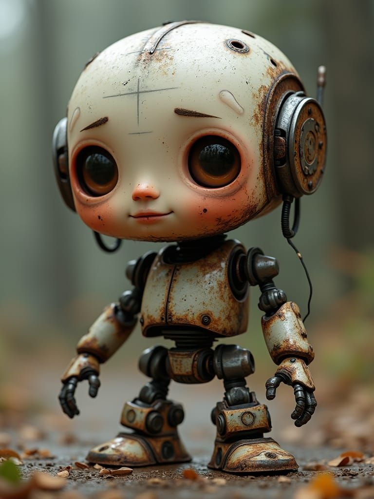 Rugged Cartoon Robot with Bittersweet Expression