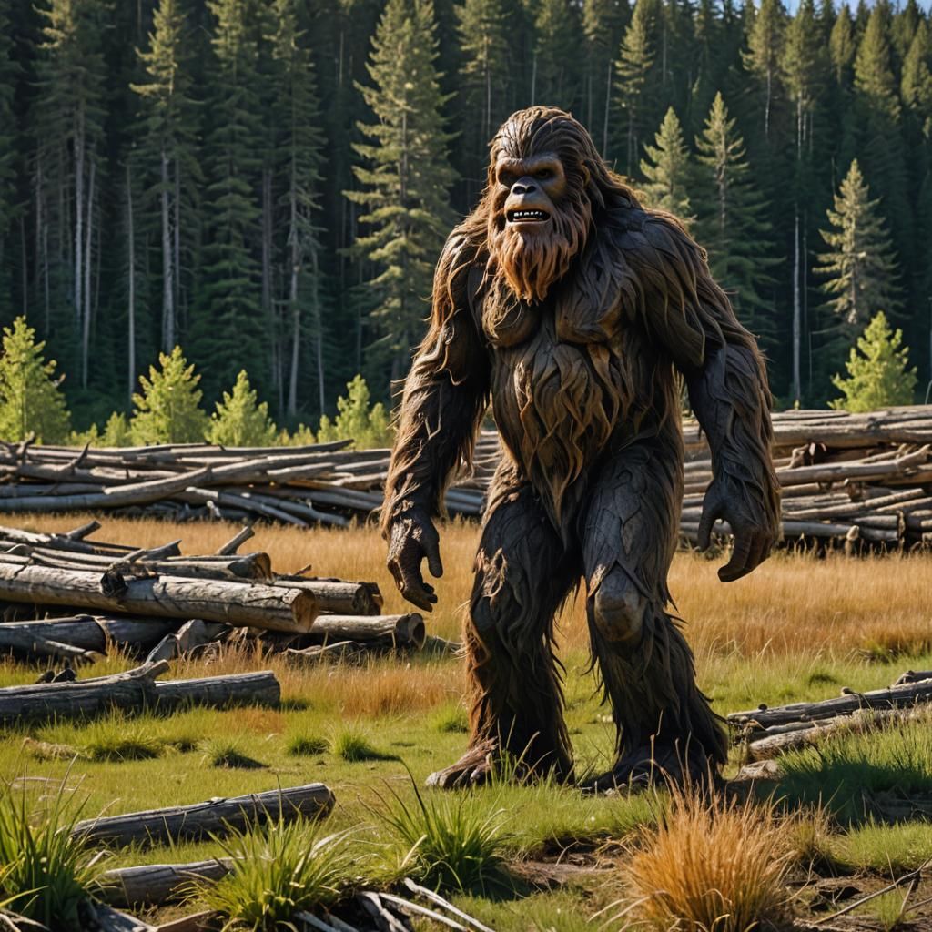 Sasquatch in Field: Realistic Photography, Sawmill Backdrop