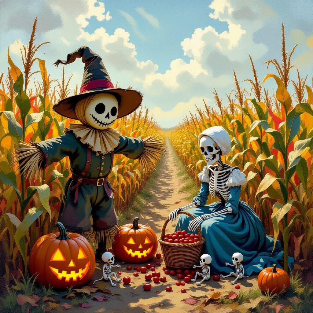Spectral Scarecrow and Skeleton Woman in Eerie Cornfield