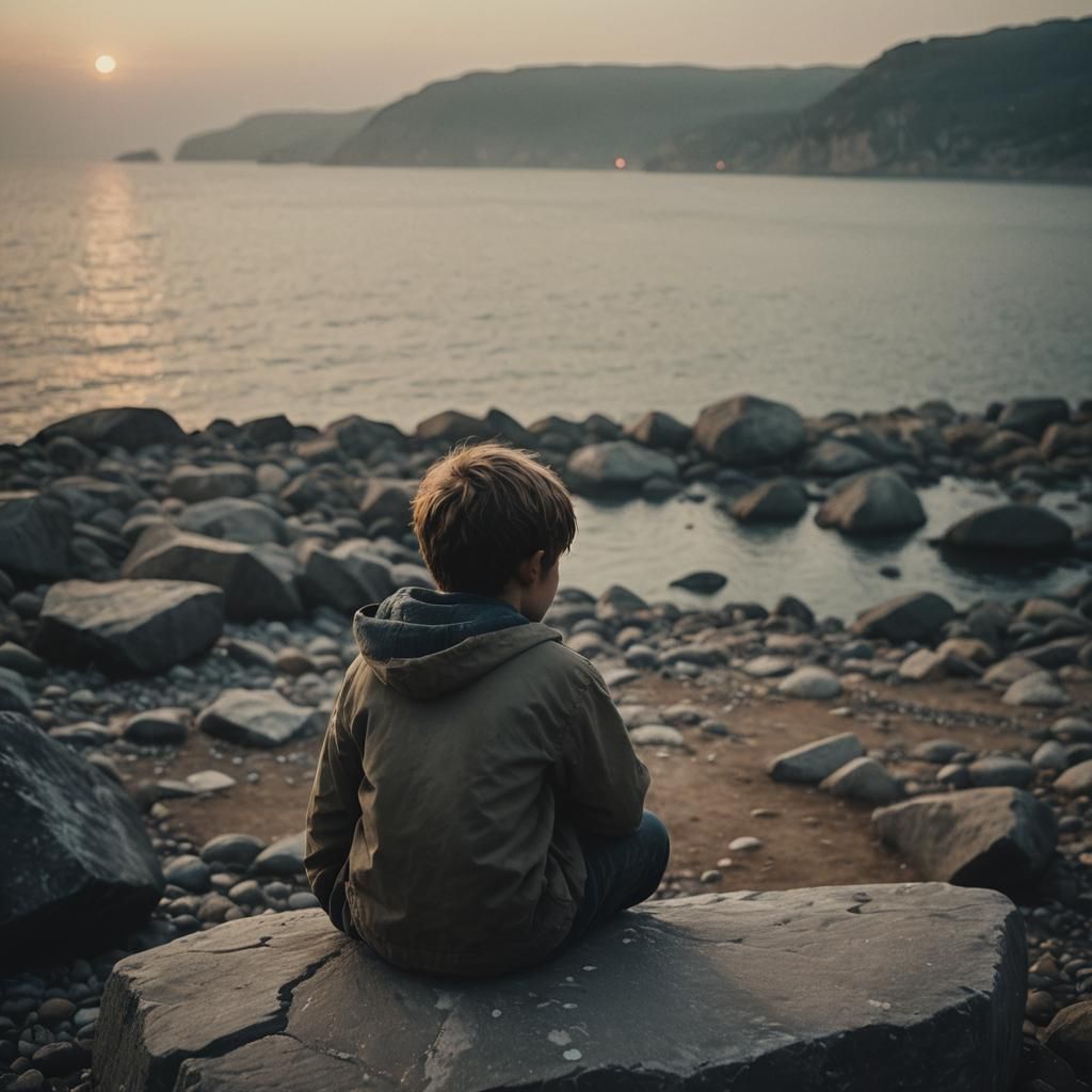Boy Gazing at Dusk Sea in Cinematic Style