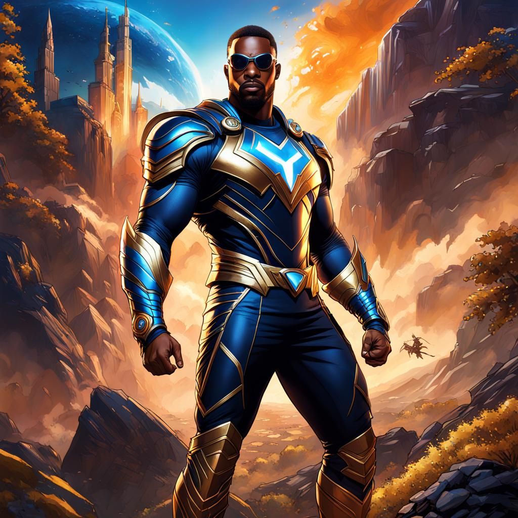 Black Superhero in Blue Armor: Matte Painting