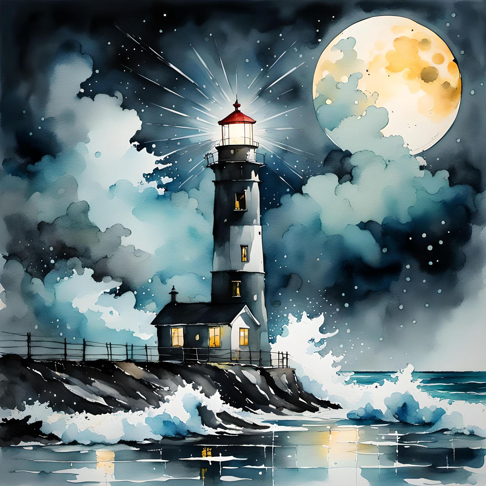 Rainy Midnight Lighthouse in Watercolor and Ink