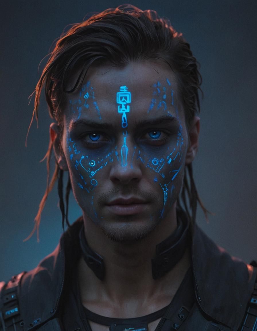 Cyberpunk Portrait of Faceless Man with Neon Runes