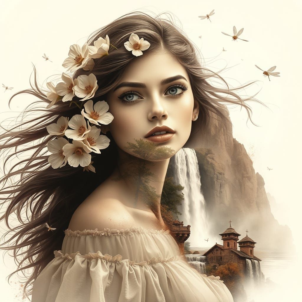 Solemn Woman in Dreamy Fantasy Landscape
