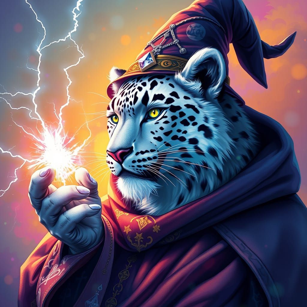 Mystical Snow Leopard Conjurer in Vibrant Hyperrealistic Art