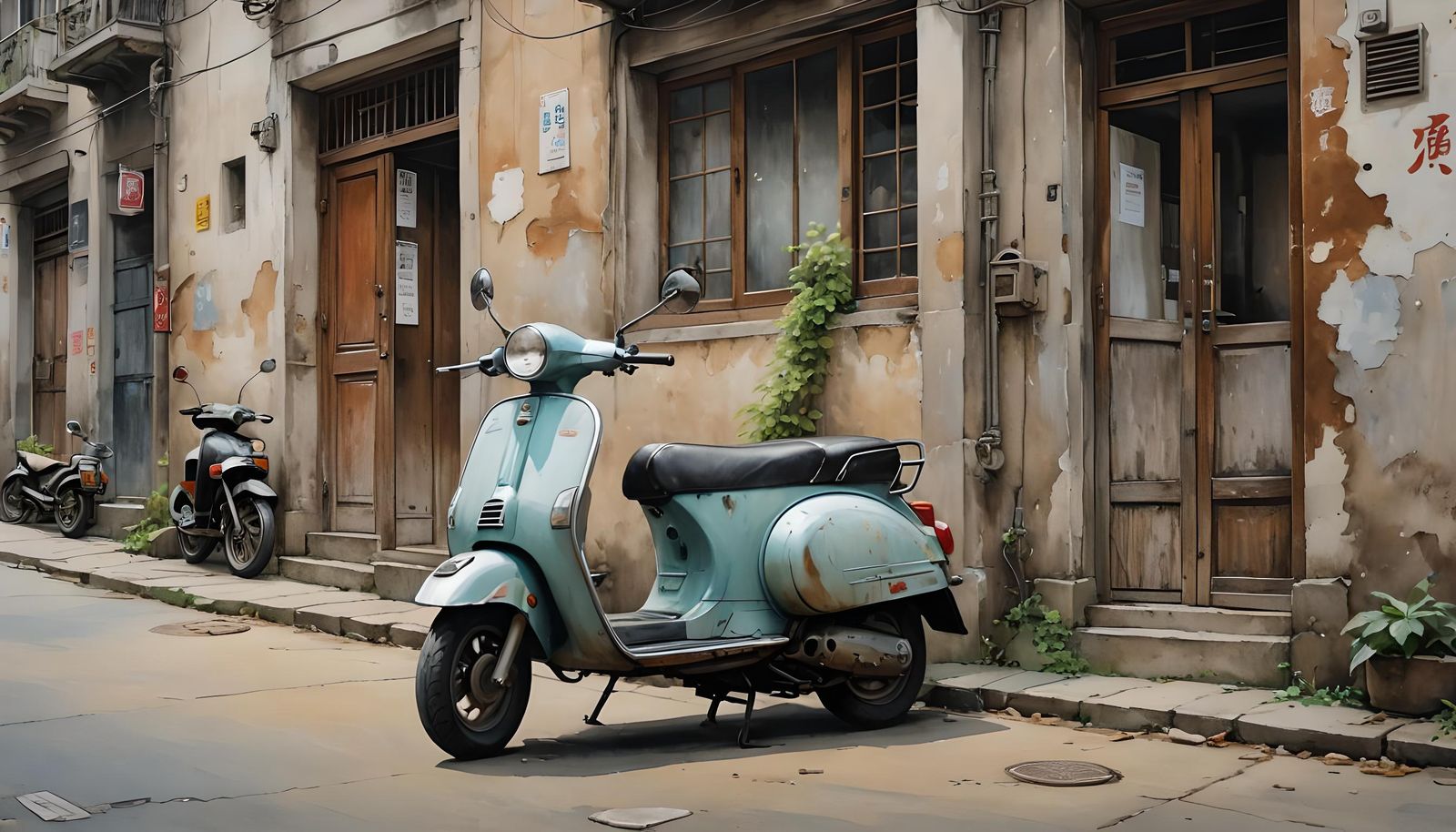 Scooter Parked: Photorealistic Watercolor Painting