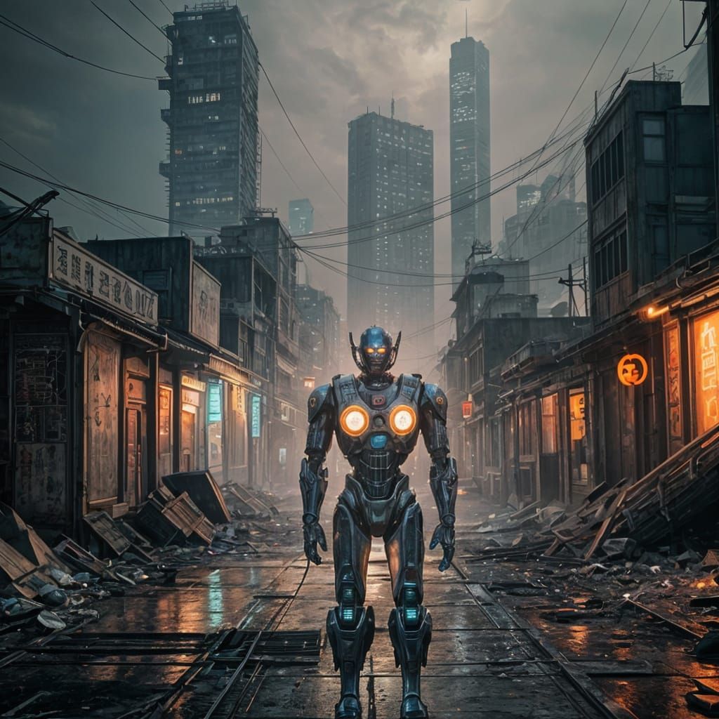 Dystopian Trash Robot in Polluted City