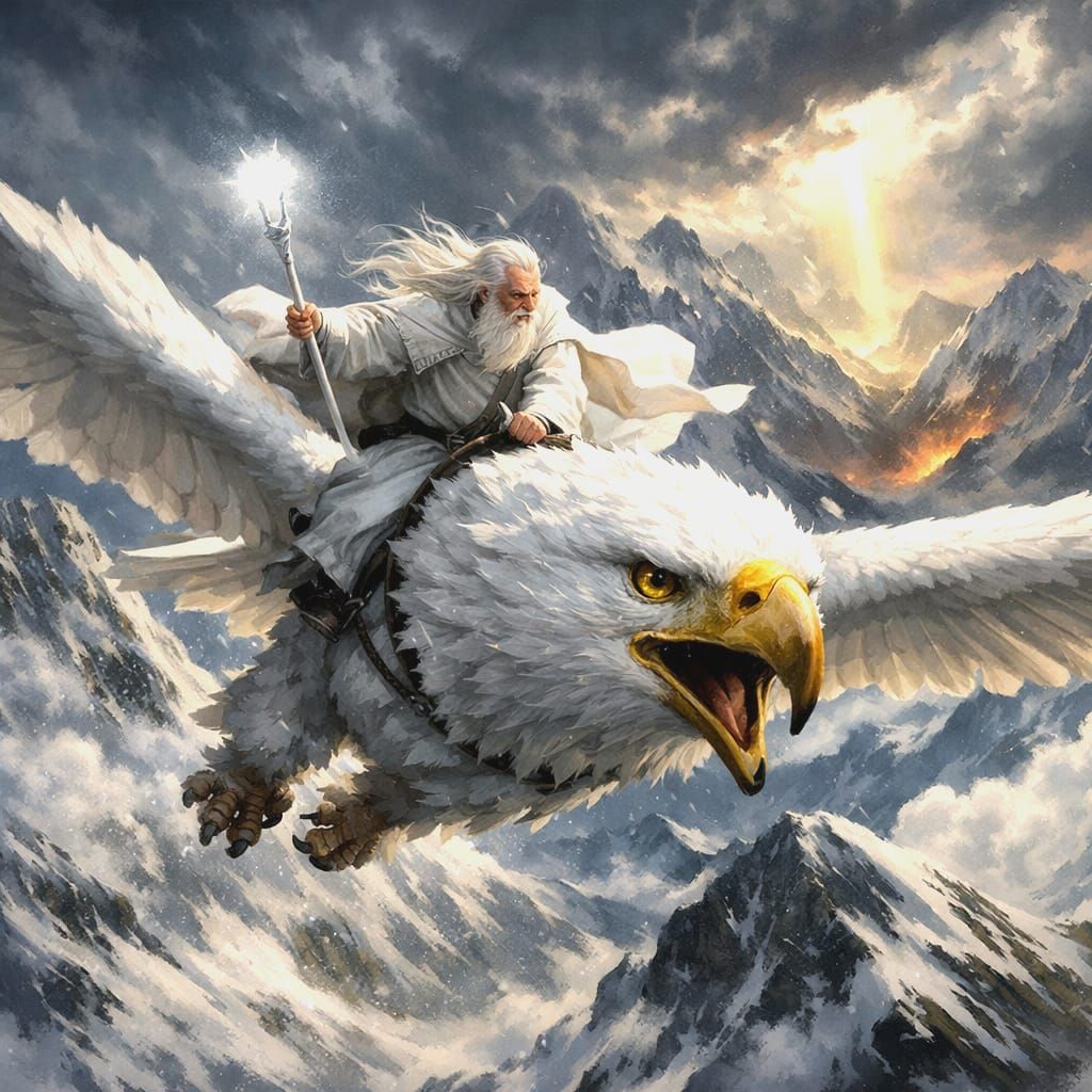 Gandalf Rides Majestic Eagle Over Snowy Mountains