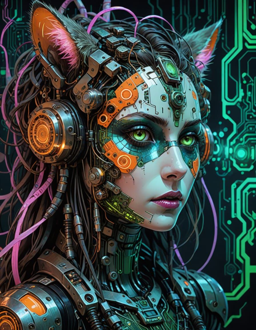 Cybernetic Robot Portrait with Circuit Board Background