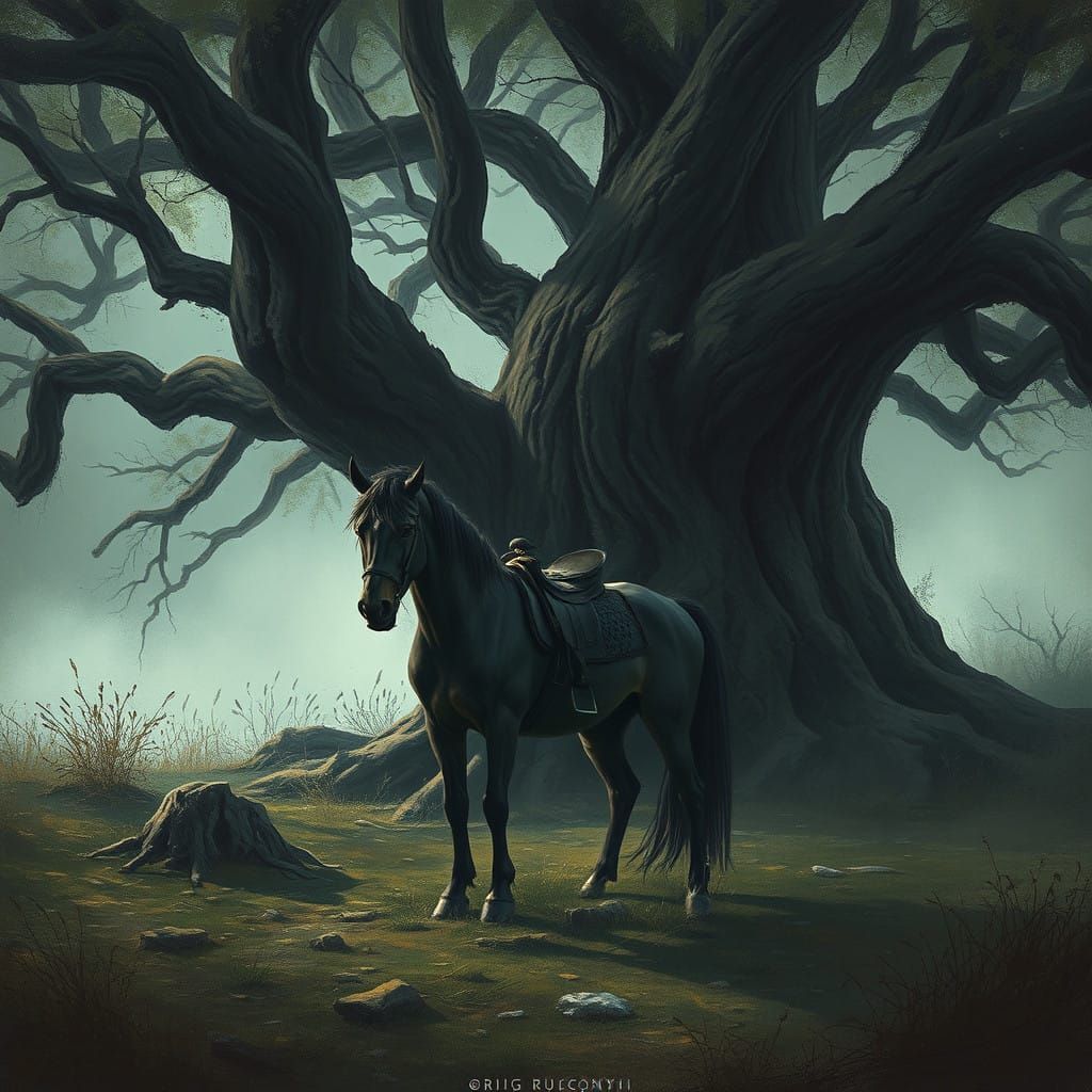 Horse Under Ancient Oak in a Dark Fantasy World