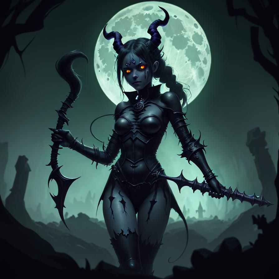 Demon Girl with Mace in Crypt: Fantasy Concept Art
