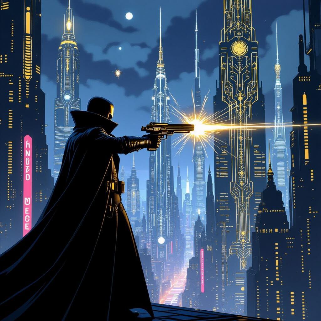 Futuristic Silhouette in Metropolis with Gold Accents